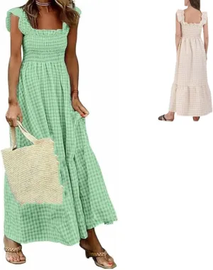 Multi Plaid Smocked Bust Maxi Dress,Women's Retro Plaid Summer Maxi Dress for Casual Outings,Boho Party,Date Night