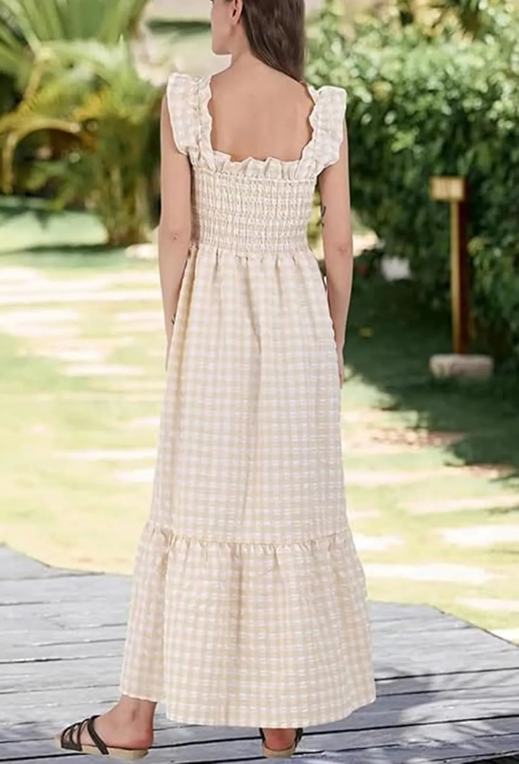 Multi Plaid Smocked Bust Maxi Dress,Women's Retro Plaid Summer Maxi Dress for Casual Outings,Boho Party,Date Night