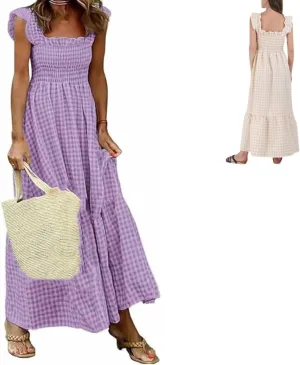 Multi Plaid Smocked Bust Maxi Dress,Women's Retro Plaid Summer Maxi Dress for Casual Outings,Boho Party,Date Night
