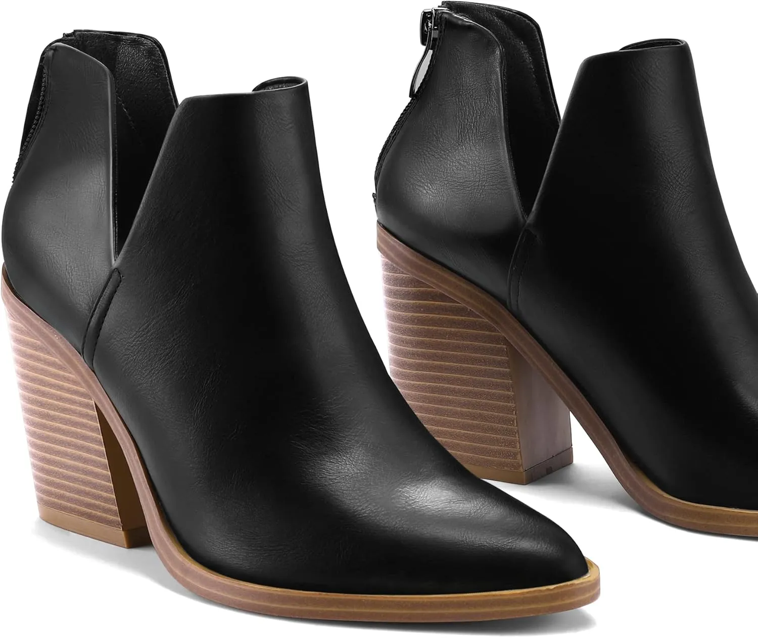 mysoft Women's Ankle Boots Slip on Cutout Pointed Toe Chunky Stacked Mid Heel Booties