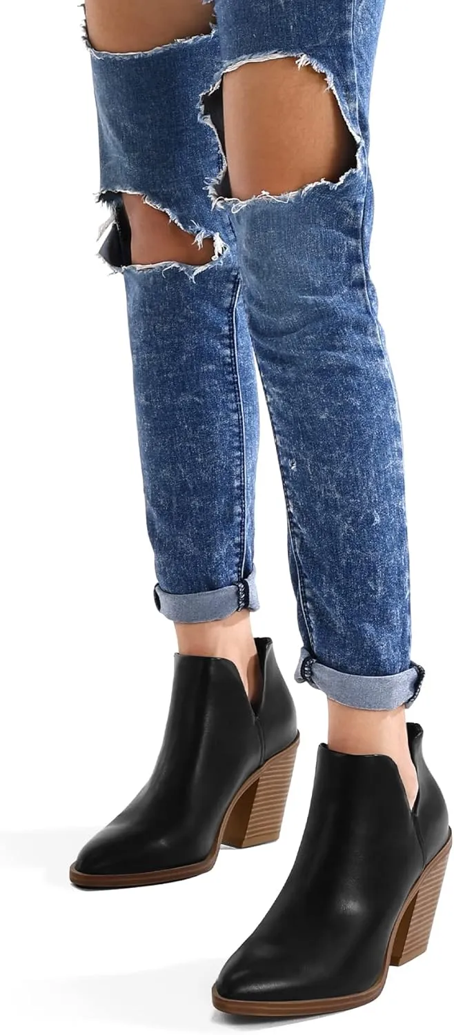 mysoft Women's Ankle Boots Slip on Cutout Pointed Toe Chunky Stacked Mid Heel Booties