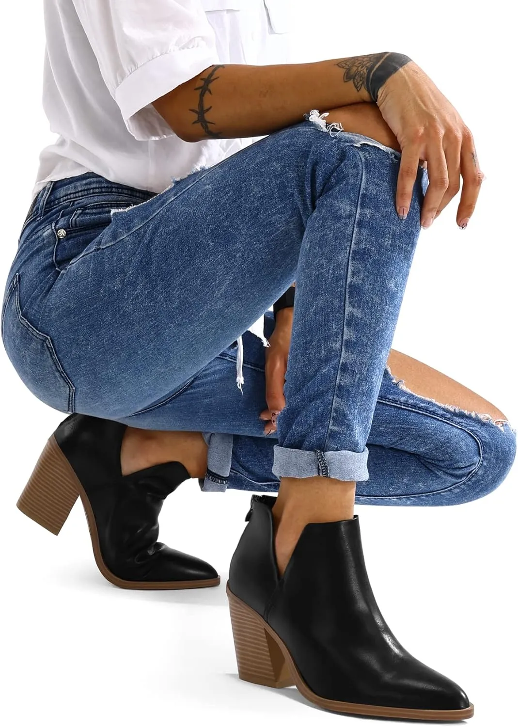 mysoft Women's Ankle Boots Slip on Cutout Pointed Toe Chunky Stacked Mid Heel Booties