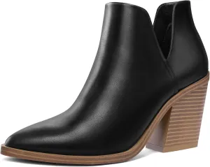 mysoft Women's Ankle Boots Slip on Cutout Pointed Toe Chunky Stacked Mid Heel Booties