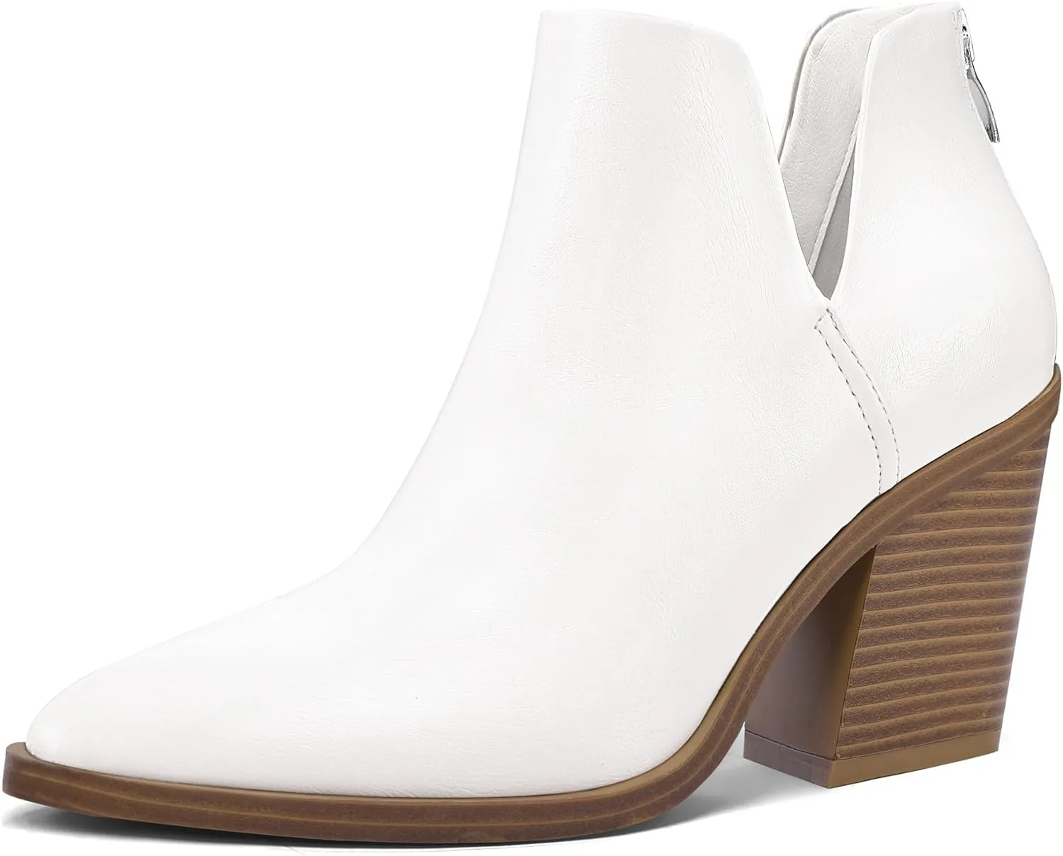 mysoft Women's Ankle Boots Slip on Cutout Pointed Toe Chunky Stacked Mid Heel Booties