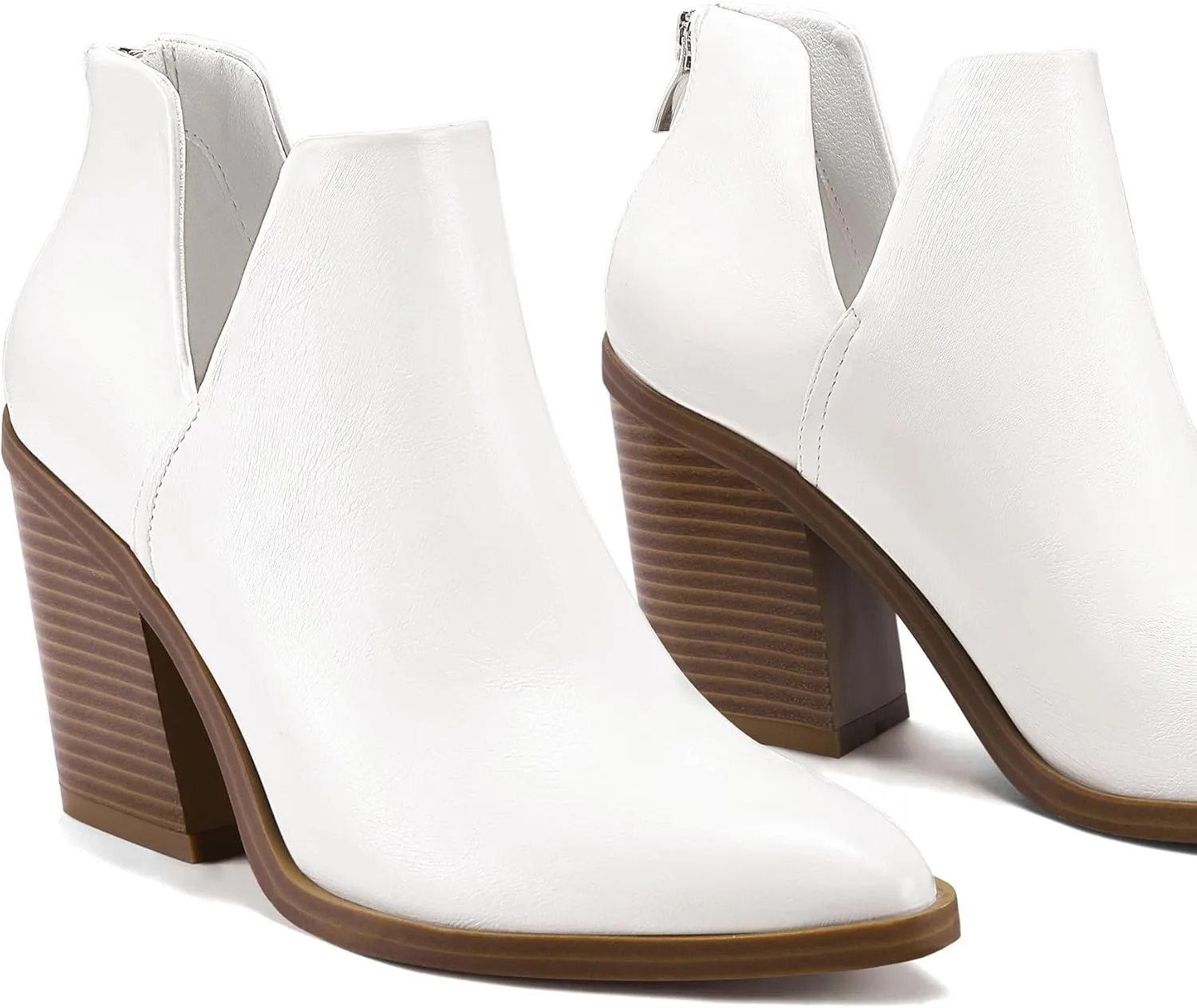 mysoft Women's Ankle Boots Slip on Cutout Pointed Toe Chunky Stacked Mid Heel Booties