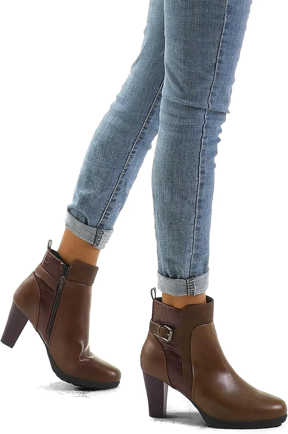 mysoft Women's Zipper Booties Chunky Stacked Heel Ankle Boots Buckle Strap Ankle