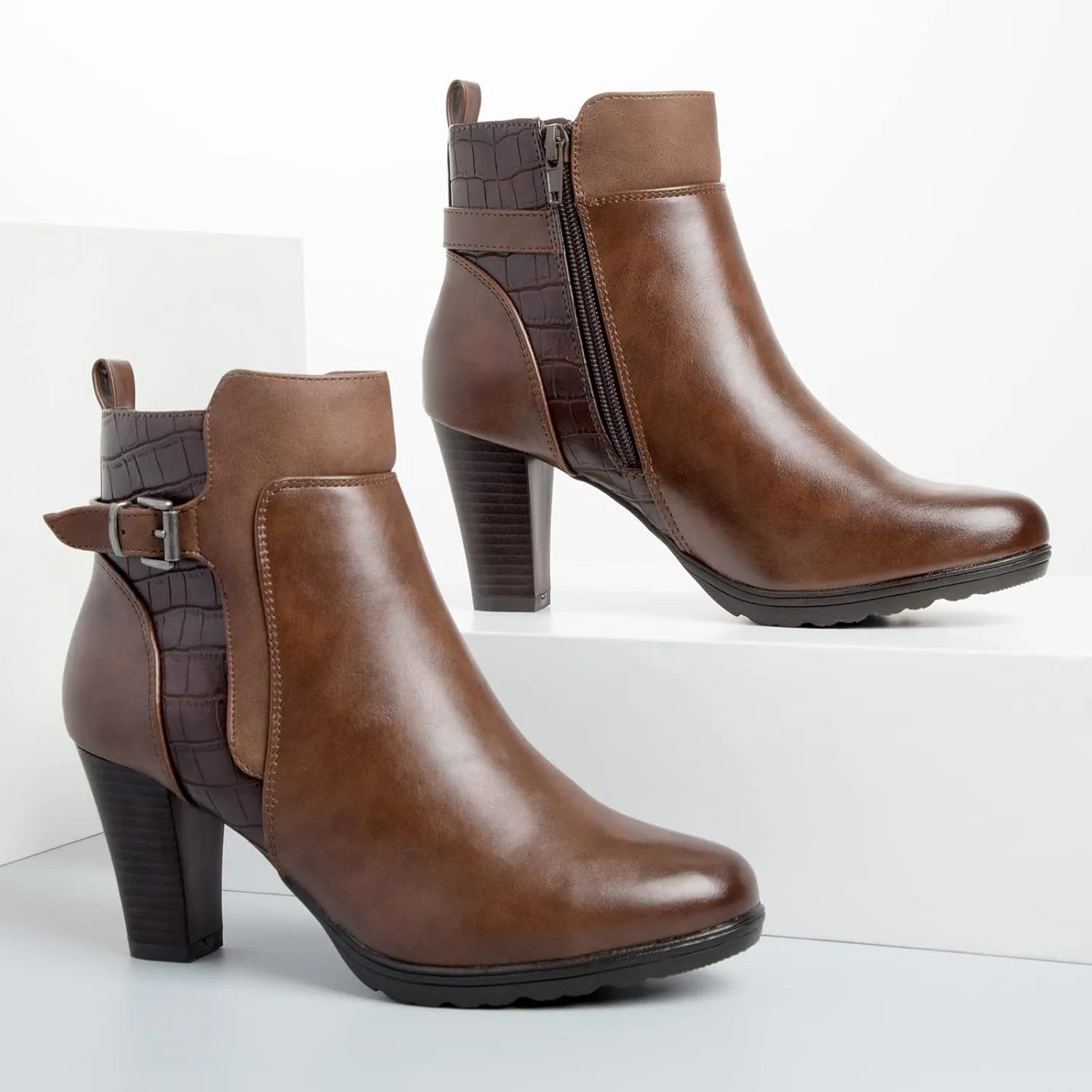mysoft Women's Zipper Booties Chunky Stacked Heel Ankle Boots Buckle Strap Ankle