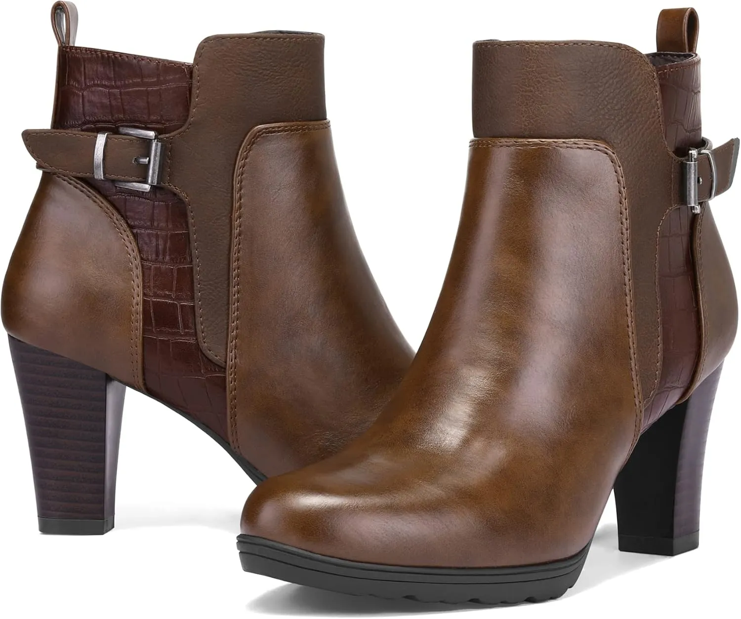 mysoft Women's Zipper Booties Chunky Stacked Heel Ankle Boots Buckle Strap Ankle