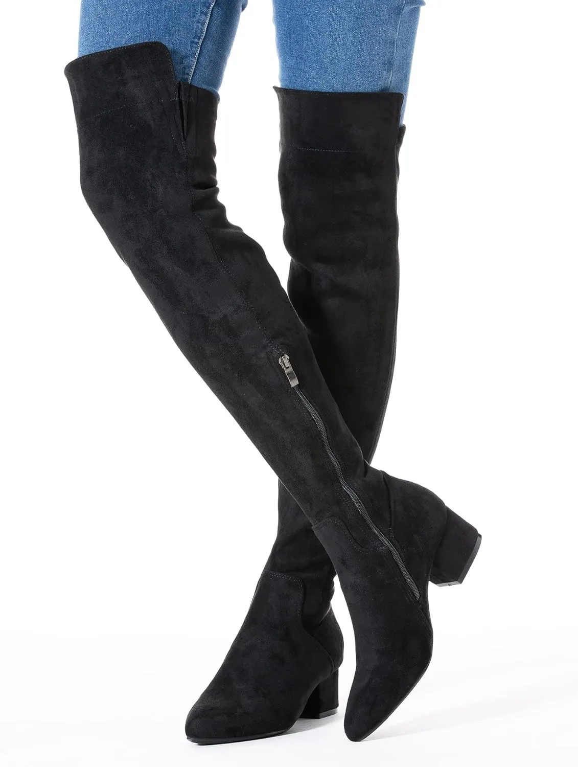 N.N.G Women Over the Knee Boots Thigh High Suede Black Block Low 2 Inch Heel Chunky Above Knee Winter Pointed toe