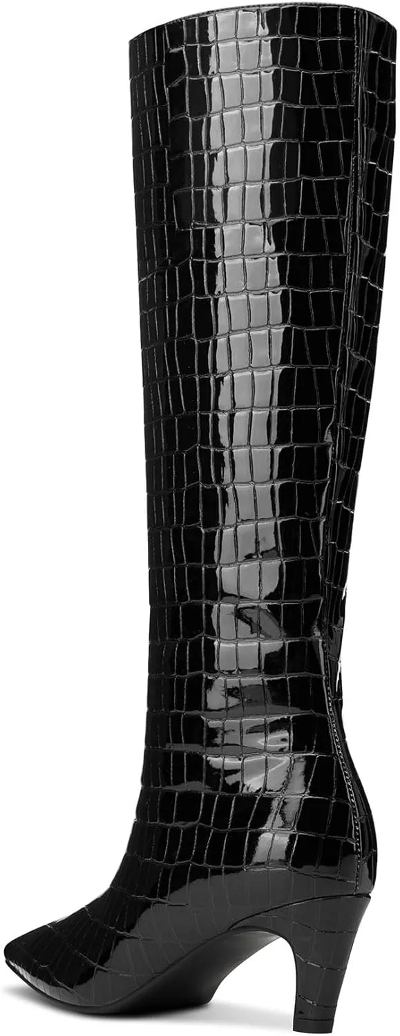 NobleOnly Knee High Boots Women Close Square Toe Kitten Heel Slip-on Tall Boots for Women Prom Dress Long Boots 2.2 Inches