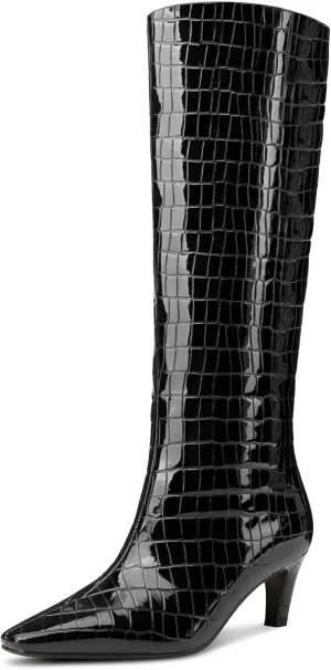 NobleOnly Knee High Boots Women Close Square Toe Kitten Heel Slip-on Tall Boots for Women Prom Dress Long Boots 2.2 Inches