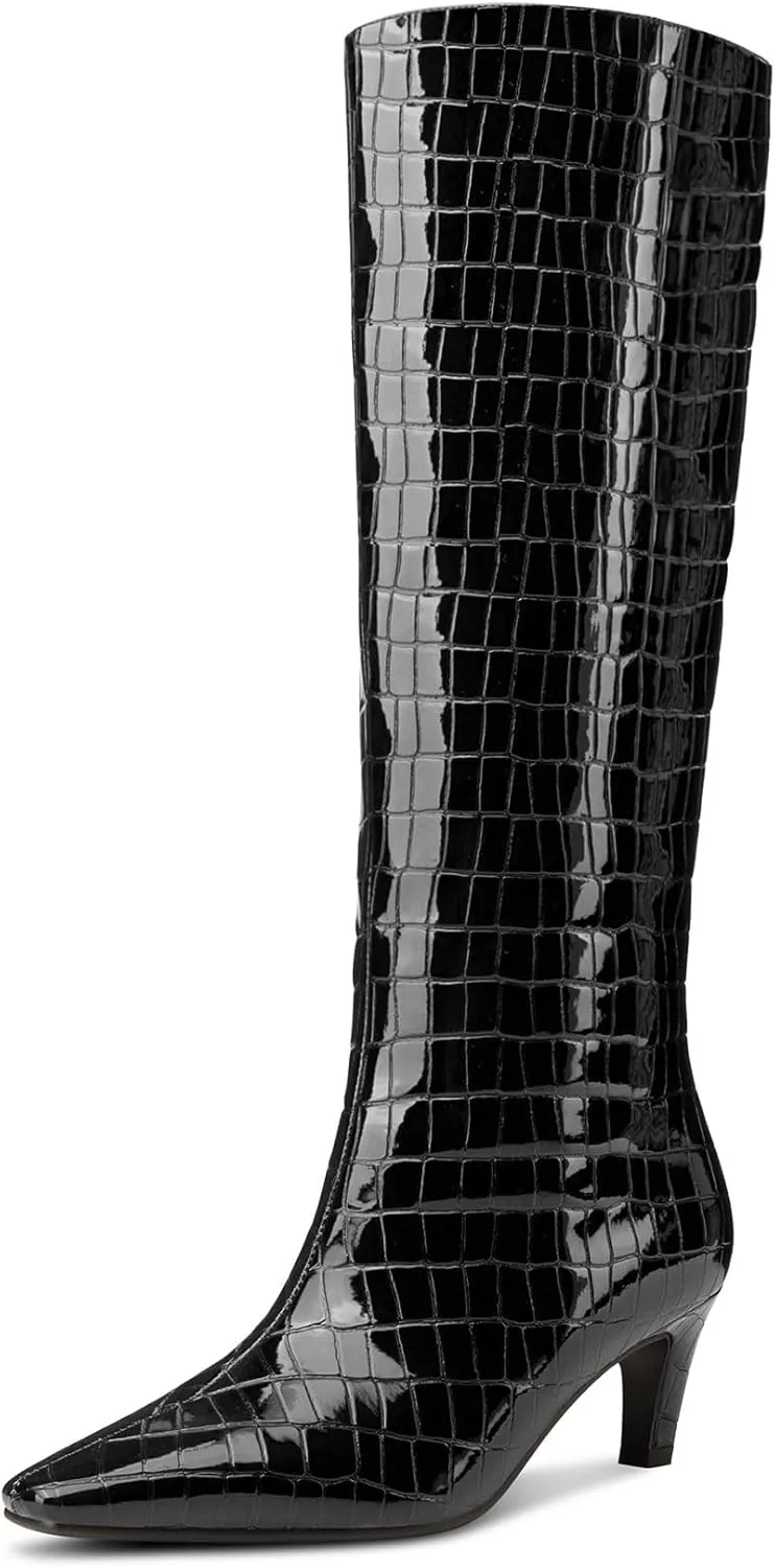 NobleOnly Knee High Boots Women Close Square Toe Kitten Heel Slip-on Tall Boots for Women Prom Dress Long Boots 2.2 Inches
