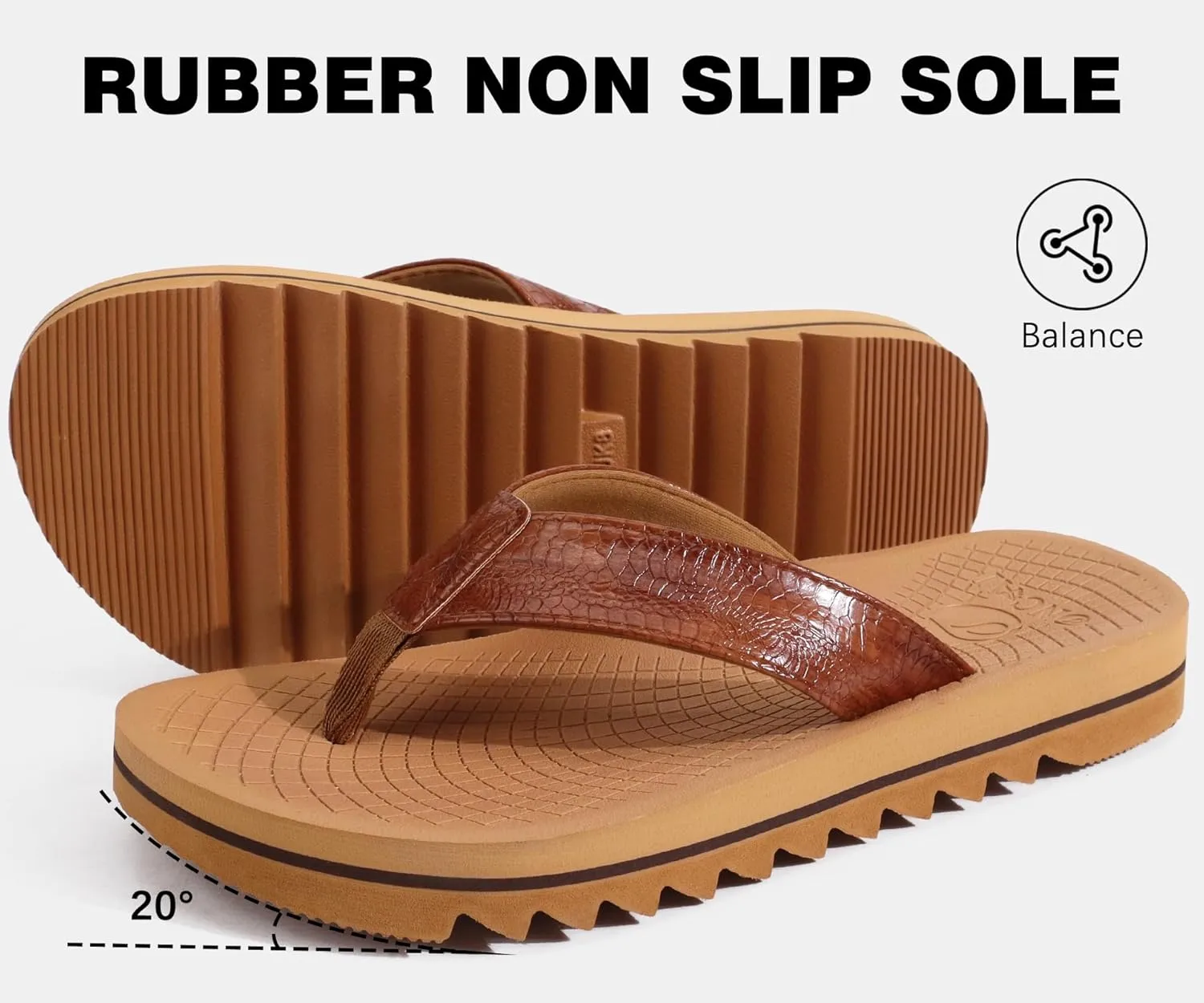 ONCAI Flip Flops for Men, Mens Summer Beach Sandals with Faux Leather Straps and Comfort Cushion Yoga Mat, Arch Support Non Slip Soles US Size 7-15