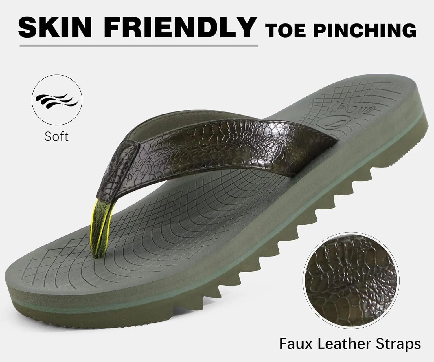ONCAI Flip Flops for Men, Mens Summer Beach Sandals with Faux Leather Straps and Comfort Cushion Yoga Mat, Arch Support Non Slip Soles US Size 7-15