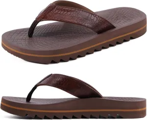 ONCAI Flip Flops for Men, Mens Summer Beach Sandals with Faux Leather Straps and Comfort Cushion Yoga Mat, Arch Support Non Slip Soles US Size 7-15