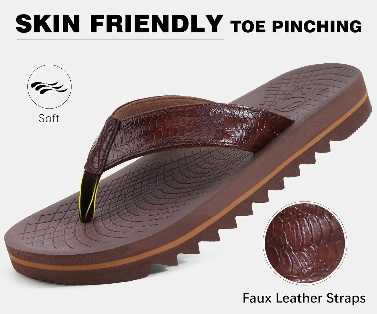 ONCAI Flip Flops for Men, Mens Summer Beach Sandals with Faux Leather Straps and Comfort Cushion Yoga Mat, Arch Support Non Slip Soles US Size 7-15