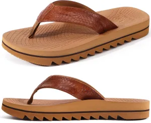 ONCAI Flip Flops for Men, Mens Summer Beach Sandals with Faux Leather Straps and Comfort Cushion Yoga Mat, Arch Support Non Slip Soles US Size 7-15
