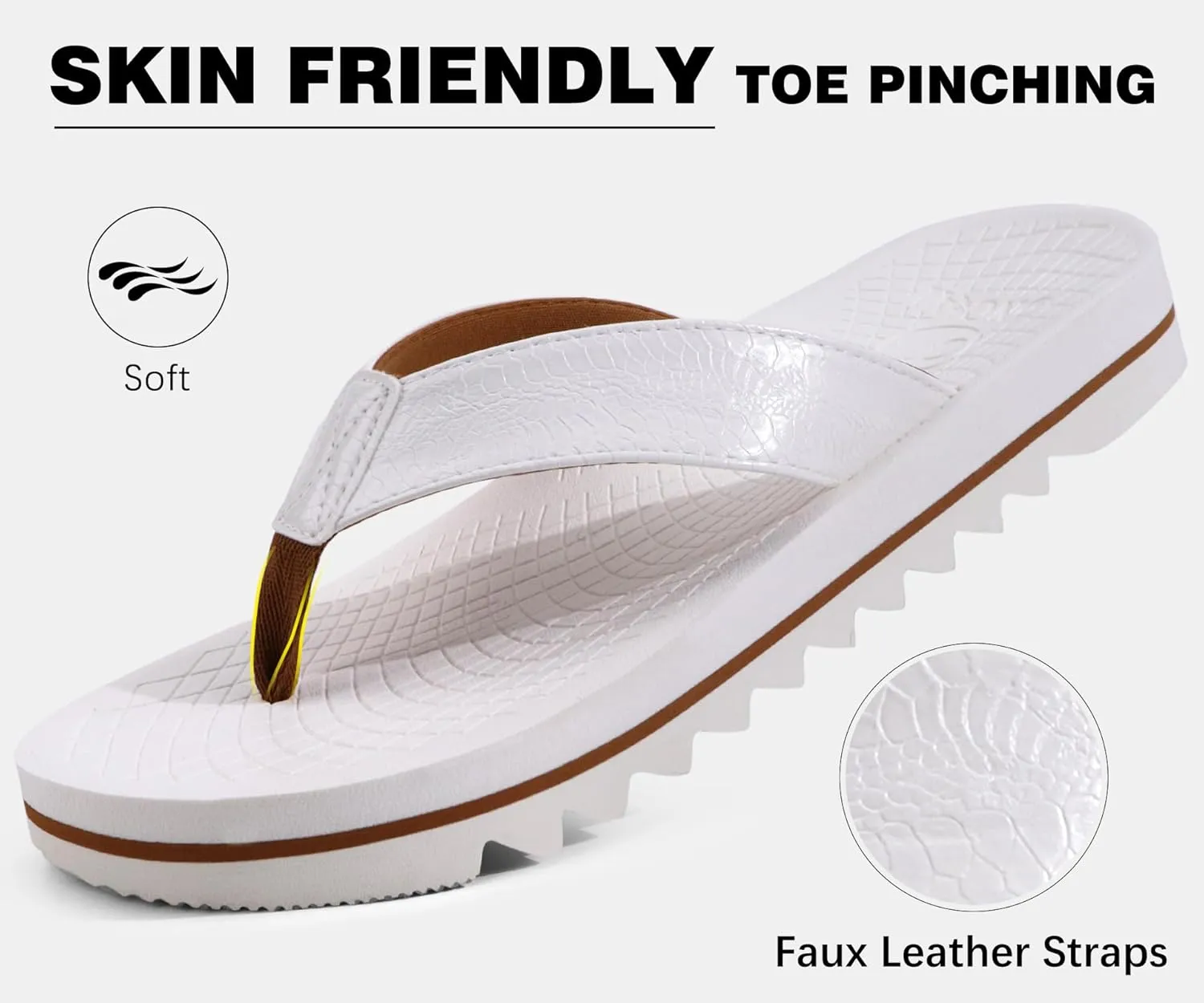ONCAI Flip Flops for Men, Mens Summer Beach Sandals with Faux Leather Straps and Comfort Cushion Yoga Mat, Arch Support Non Slip Soles US Size 7-15