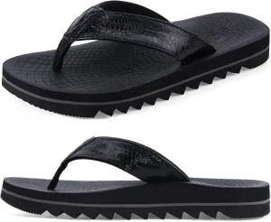 ONCAI Flip Flops for Men, Mens Summer Beach Sandals with Faux Leather Straps and Comfort Cushion Yoga Mat, Arch Support Non Slip Soles US Size 7-15