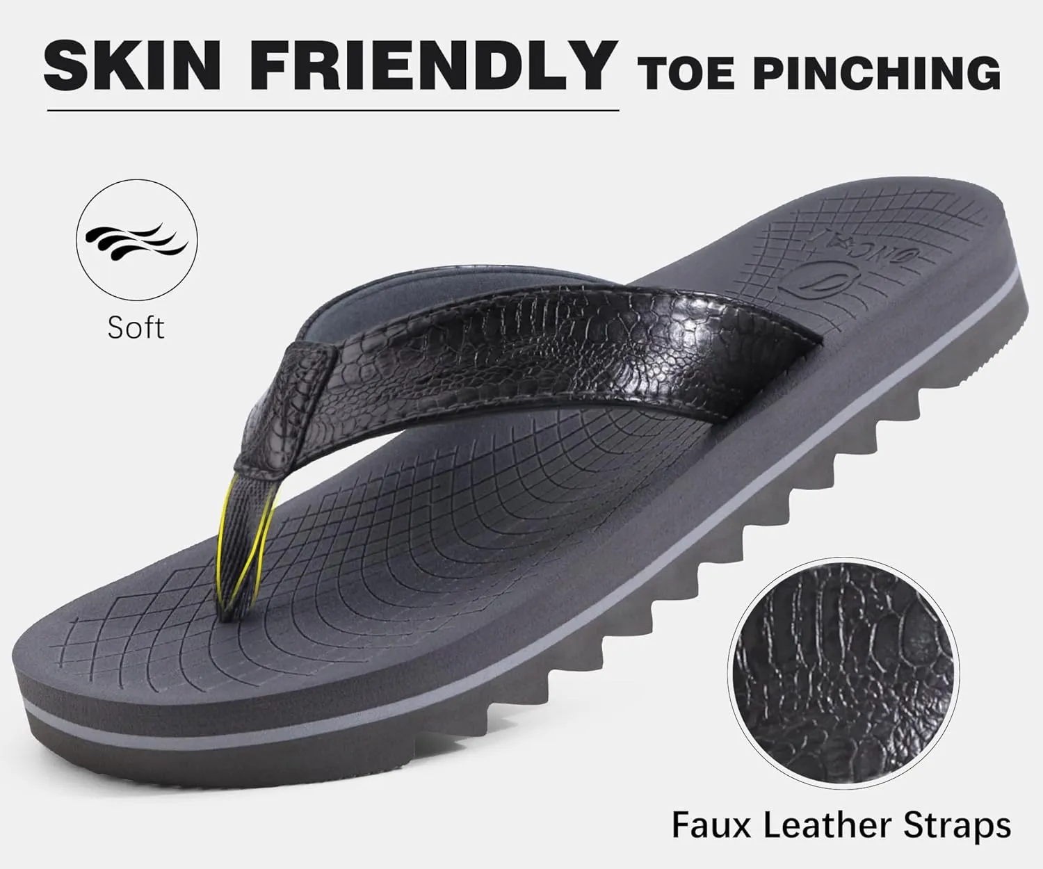 ONCAI Flip Flops for Men, Mens Summer Beach Sandals with Faux Leather Straps and Comfort Cushion Yoga Mat, Arch Support Non Slip Soles US Size 7-15