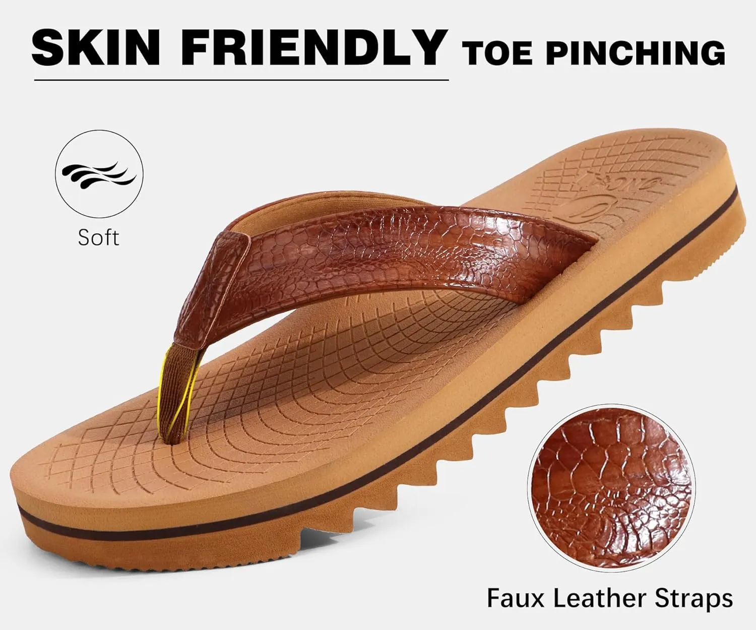 ONCAI Flip Flops for Men, Mens Summer Beach Sandals with Faux Leather Straps and Comfort Cushion Yoga Mat, Arch Support Non Slip Soles US Size 7-15