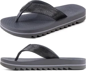 ONCAI Flip Flops for Men, Mens Summer Beach Sandals with Faux Leather Straps and Comfort Cushion Yoga Mat, Arch Support Non Slip Soles US Size 7-15