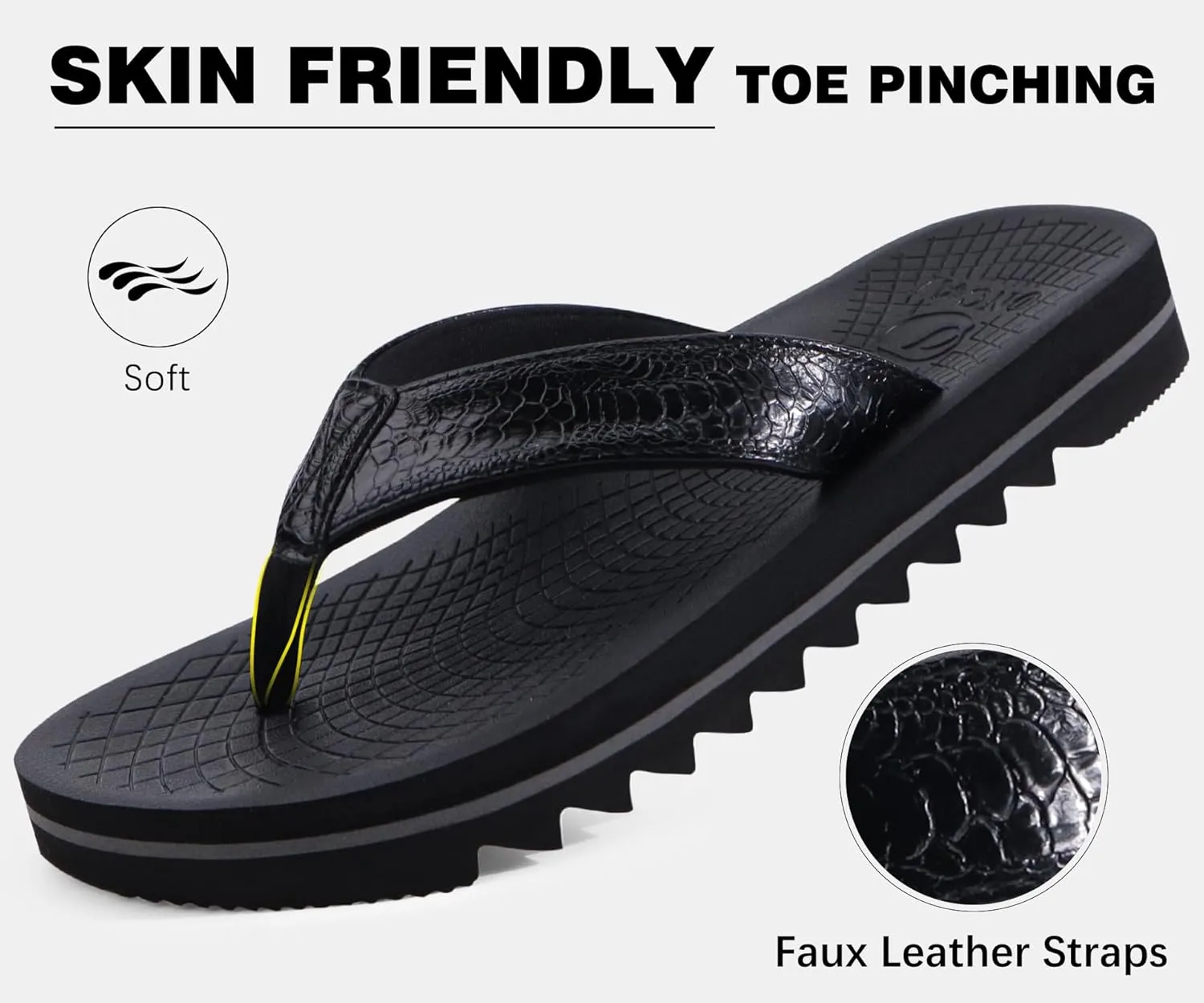 ONCAI Flip Flops for Men, Mens Summer Beach Sandals with Faux Leather Straps and Comfort Cushion Yoga Mat, Arch Support Non Slip Soles US Size 7-15