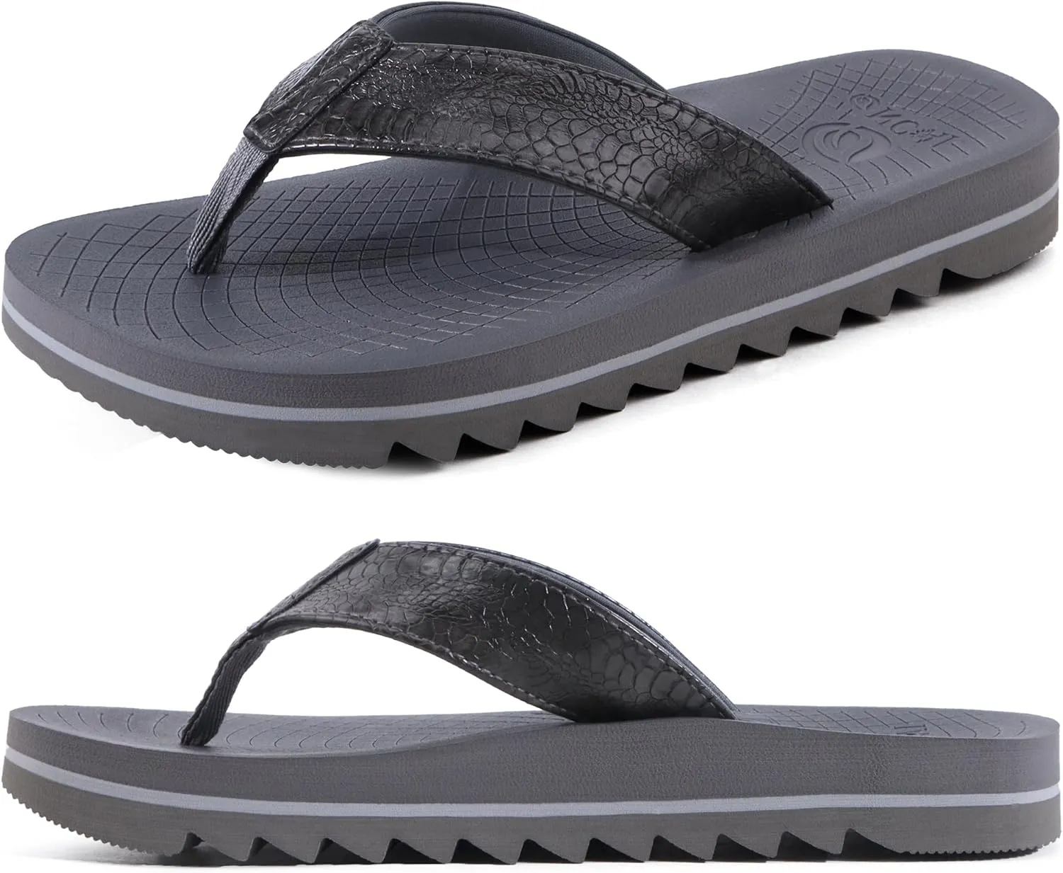ONCAI Flip Flops for Men, Mens Summer Beach Sandals with Faux Leather Straps and Comfort Cushion Yoga Mat, Arch Support Non Slip Soles US Size 7-15
