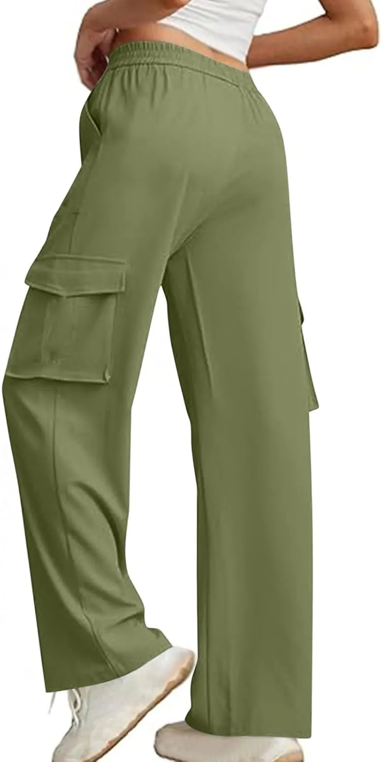 Palazzo Pants for Women Elastic Waisted Lounge Pants Fall Street Wear Straight Wide Leg Pants with Multi Pockets y2k
