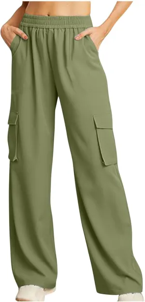 Palazzo Pants for Women Elastic Waisted Lounge Pants Fall Street Wear Straight Wide Leg Pants with Multi Pockets y2k