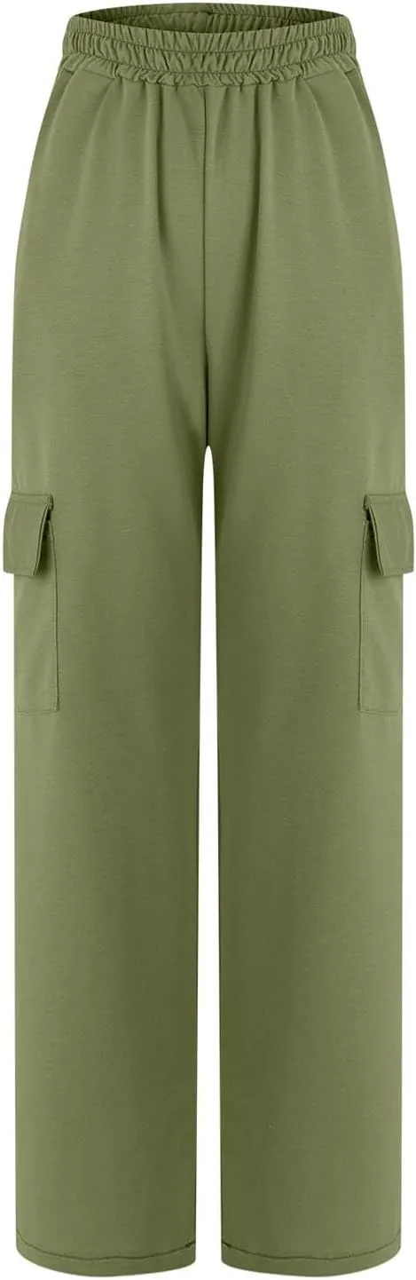 Palazzo Pants for Women Elastic Waisted Lounge Pants Fall Street Wear Straight Wide Leg Pants with Multi Pockets y2k