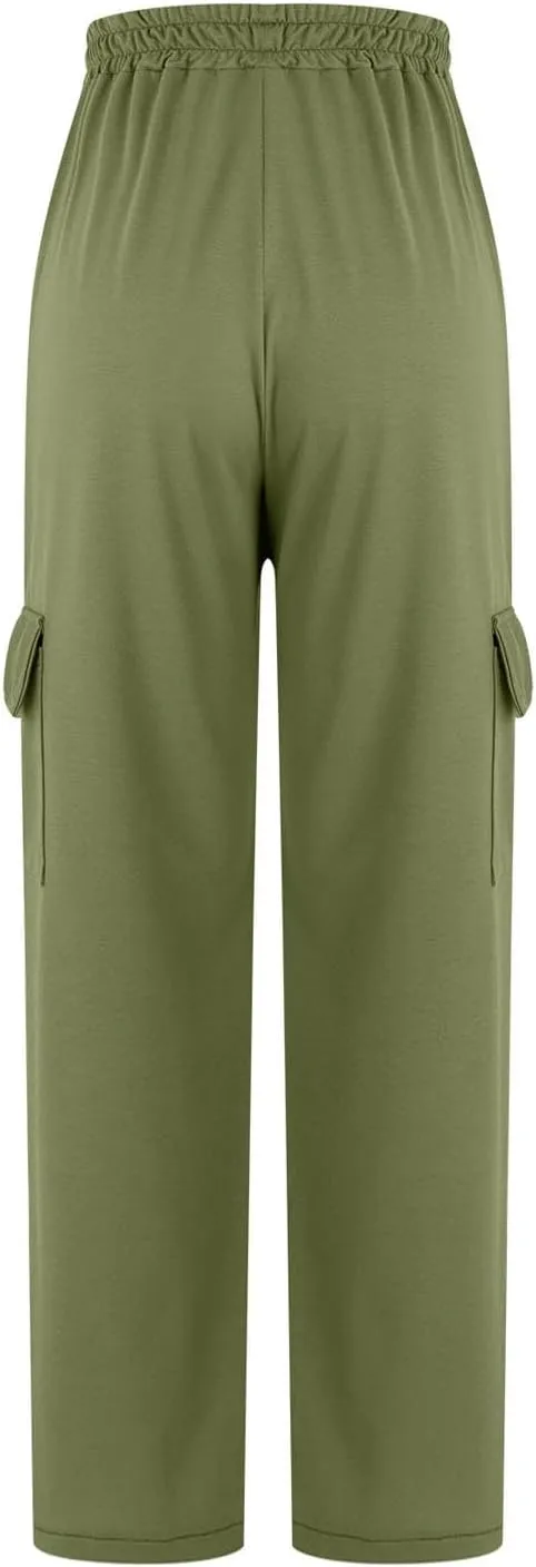 Palazzo Pants for Women Elastic Waisted Lounge Pants Fall Street Wear Straight Wide Leg Pants with Multi Pockets y2k