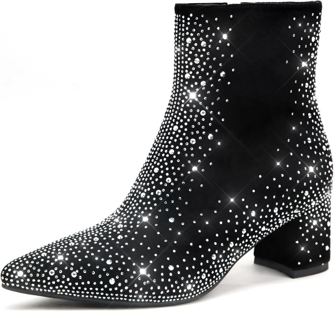 Pasuot Silver Rhinestone Boots for Women - Sparkly Bling Diamond Ankle Boots with Studded Chunky Heel, Pointy Toe Block High Heeled Short Booties with Side Zipper, for Party, Dating, Fashion