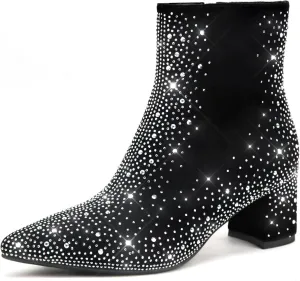 Pasuot Silver Rhinestone Boots for Women - Sparkly Bling Diamond Ankle Boots with Studded Chunky Heel, Pointy Toe Block High Heeled Short Booties with Side Zipper, for Party, Dating, Fashion