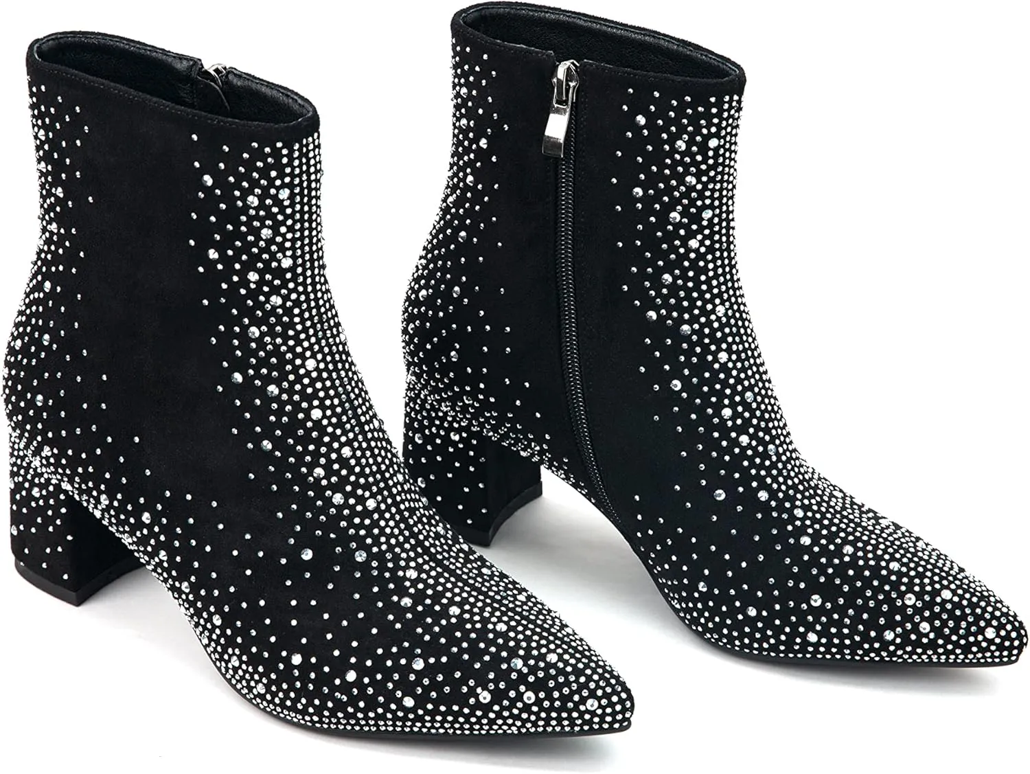 Pasuot Silver Rhinestone Boots for Women - Sparkly Bling Diamond Ankle Boots with Studded Chunky Heel, Pointy Toe Block High Heeled Short Booties with Side Zipper, for Party, Dating, Fashion