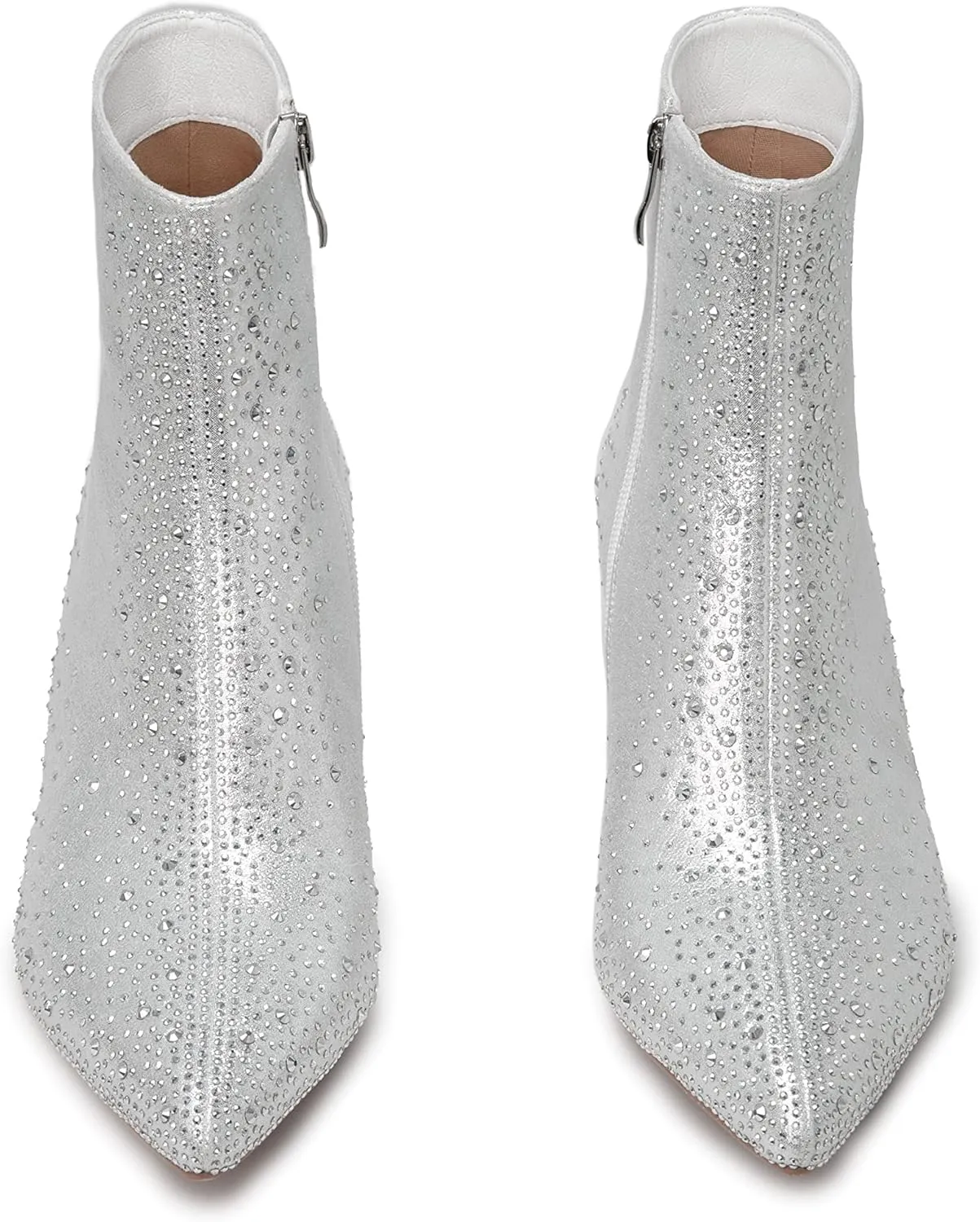 Pasuot Silver Rhinestone Boots for Women - Sparkly Bling Diamond Ankle Boots with Studded Chunky Heel, Pointy Toe Block High Heeled Short Booties with Side Zipper, for Party, Dating, Fashion