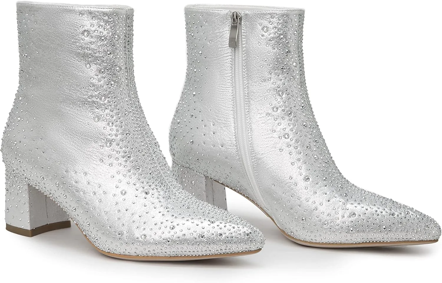 Pasuot Silver Rhinestone Boots for Women - Sparkly Bling Diamond Ankle Boots with Studded Chunky Heel, Pointy Toe Block High Heeled Short Booties with Side Zipper, for Party, Dating, Fashion