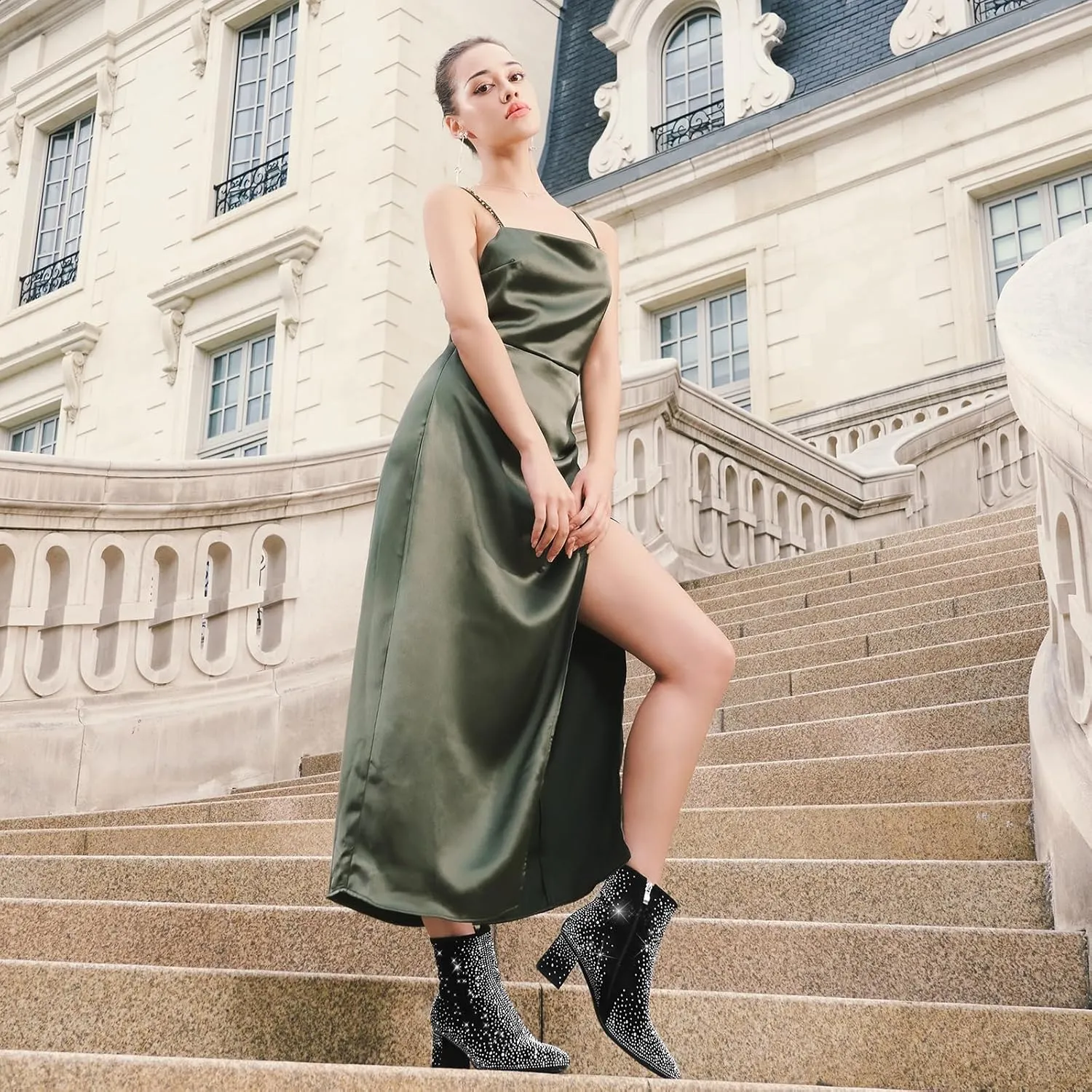 Pasuot Silver Rhinestone Boots for Women - Sparkly Bling Diamond Ankle Boots with Studded Chunky Heel, Pointy Toe Block High Heeled Short Booties with Side Zipper, for Party, Dating, Fashion