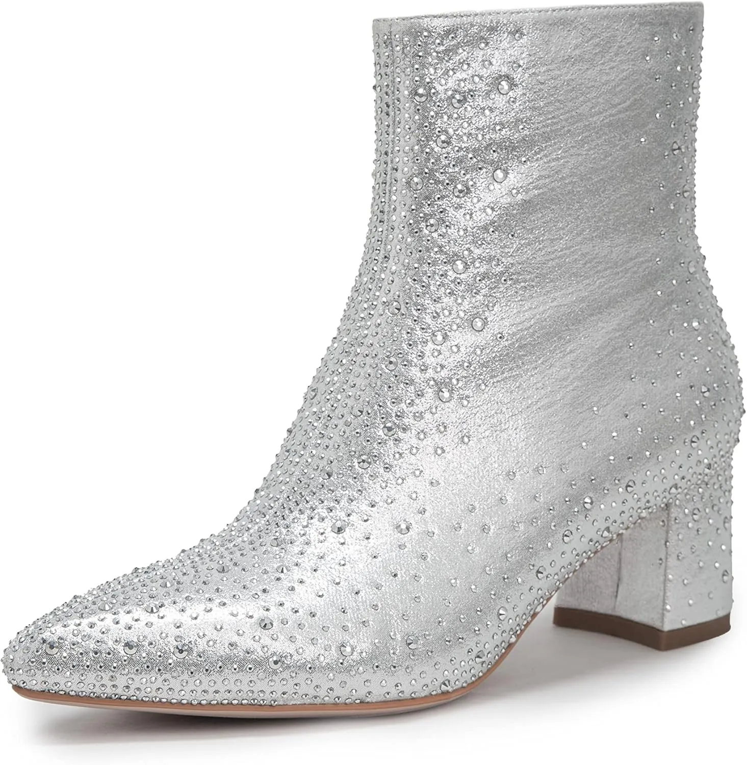 Pasuot Silver Rhinestone Boots for Women - Sparkly Bling Diamond Ankle Boots with Studded Chunky Heel, Pointy Toe Block High Heeled Short Booties with Side Zipper, for Party, Dating, Fashion