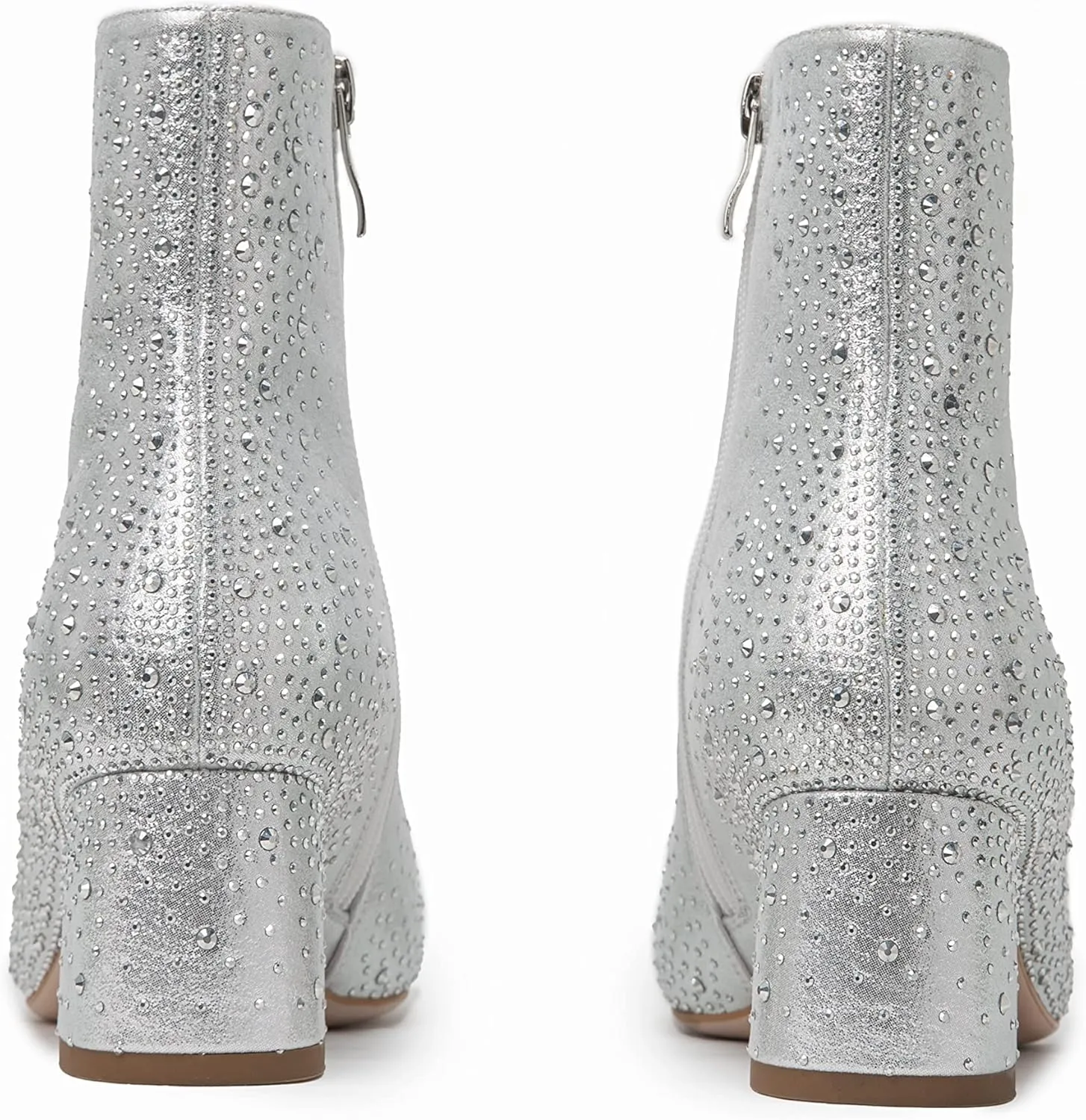 Pasuot Silver Rhinestone Boots for Women - Sparkly Bling Diamond Ankle Boots with Studded Chunky Heel, Pointy Toe Block High Heeled Short Booties with Side Zipper, for Party, Dating, Fashion