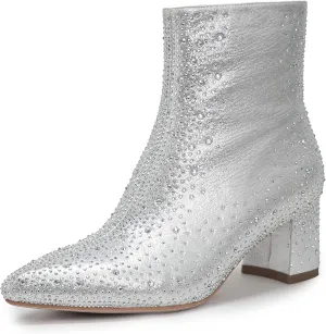 Pasuot Silver Rhinestone Boots for Women - Sparkly Bling Diamond Ankle Boots with Studded Chunky Heel, Pointy Toe Block High Heeled Short Booties with Side Zipper, for Party, Dating, Fashion