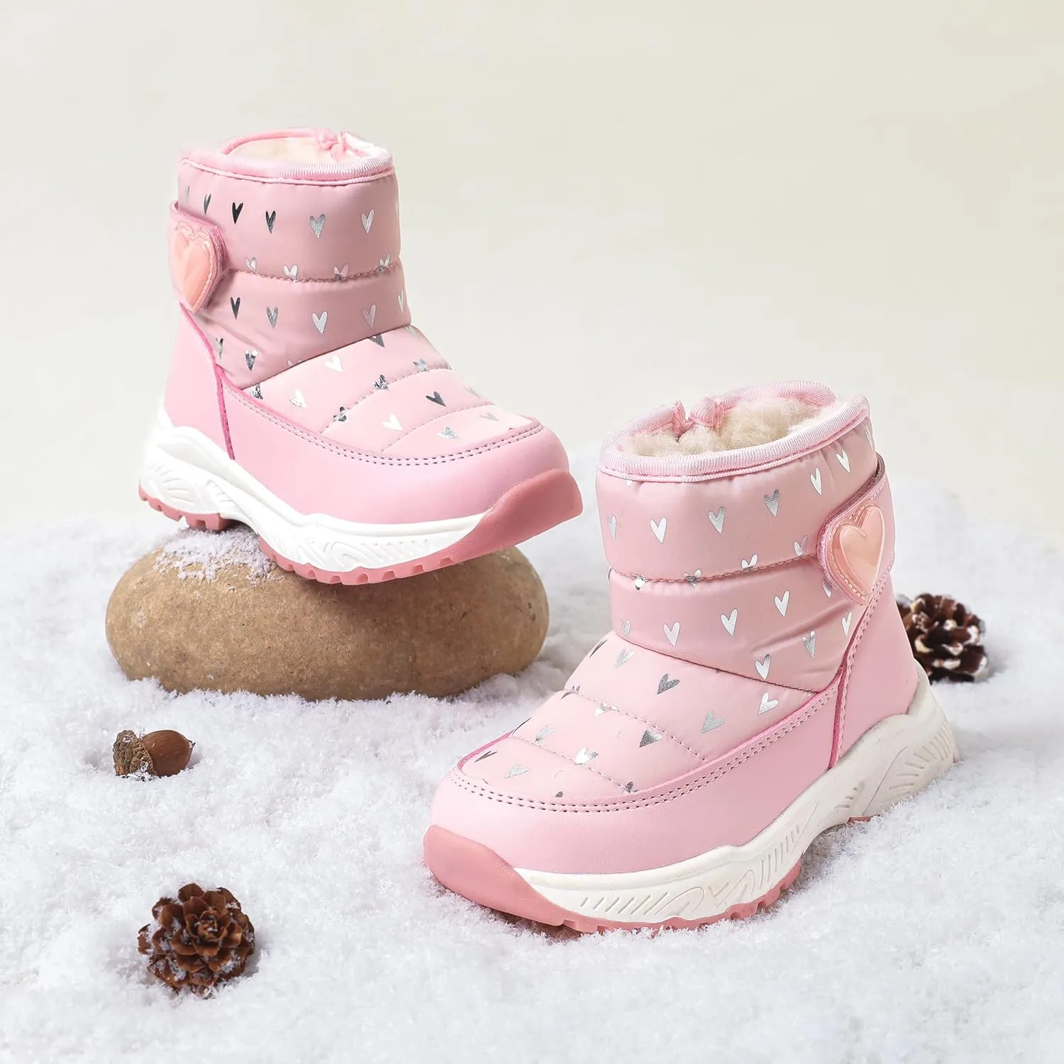 PATPAT Toddler Girls' Winter Snow Boots, Little Kis Outdoor Waterproof Mid-Calf Snow Boots with Warm Lining and Heart Pattern