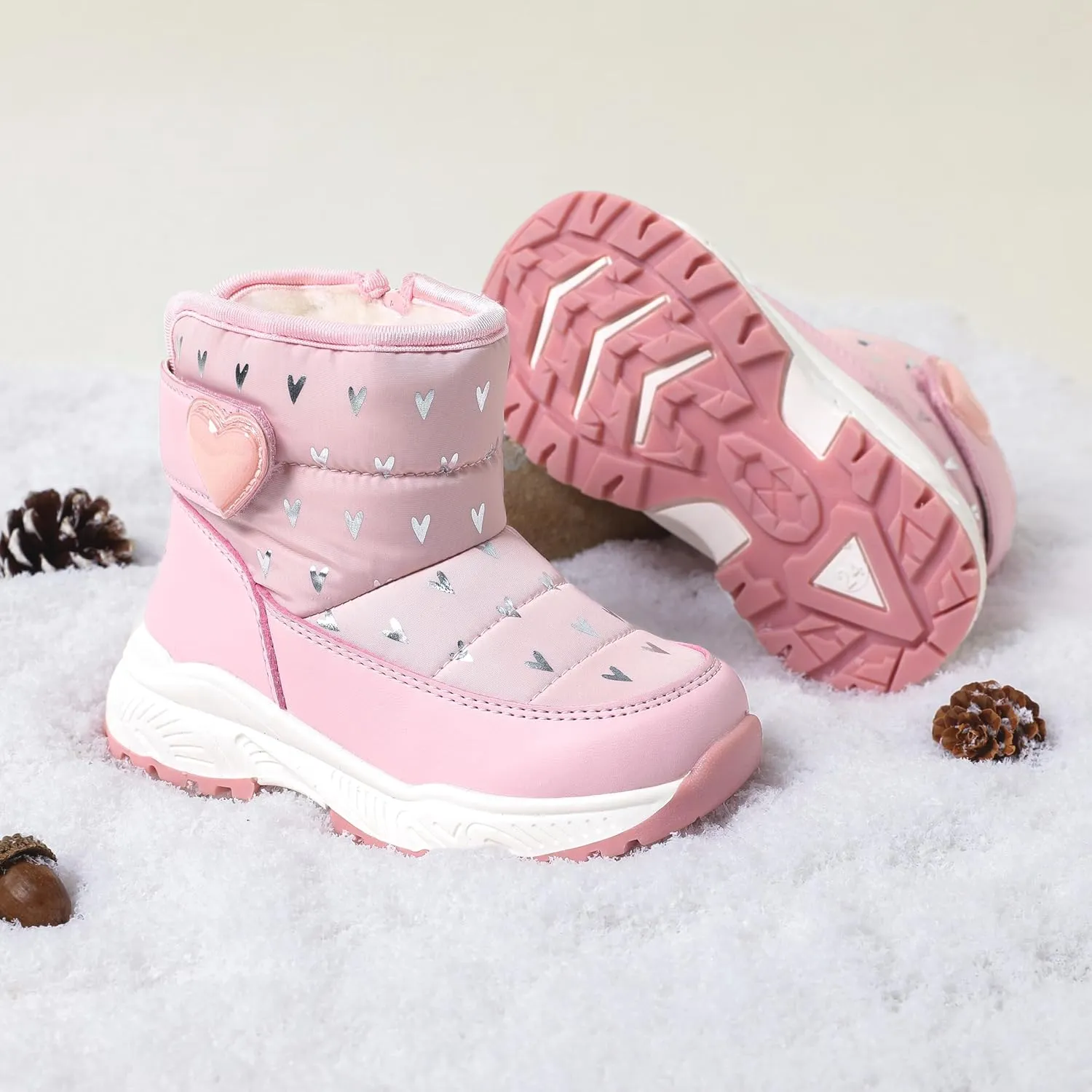 PATPAT Toddler Girls' Winter Snow Boots, Little Kis Outdoor Waterproof Mid-Calf Snow Boots with Warm Lining and Heart Pattern