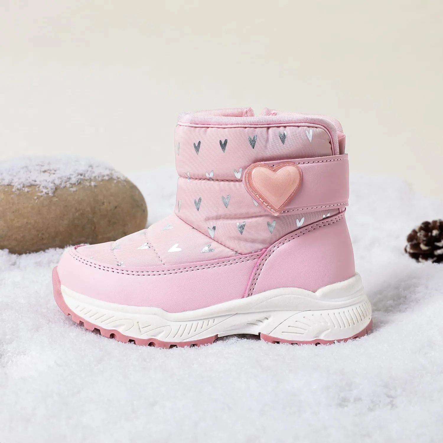 PATPAT Toddler Girls' Winter Snow Boots, Little Kis Outdoor Waterproof Mid-Calf Snow Boots with Warm Lining and Heart Pattern