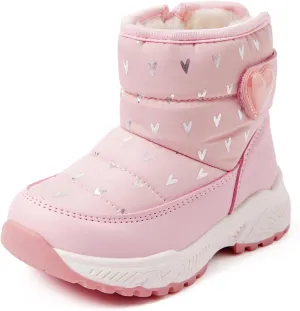 PATPAT Toddler Girls' Winter Snow Boots, Little Kis Outdoor Waterproof Mid-Calf Snow Boots with Warm Lining and Heart Pattern