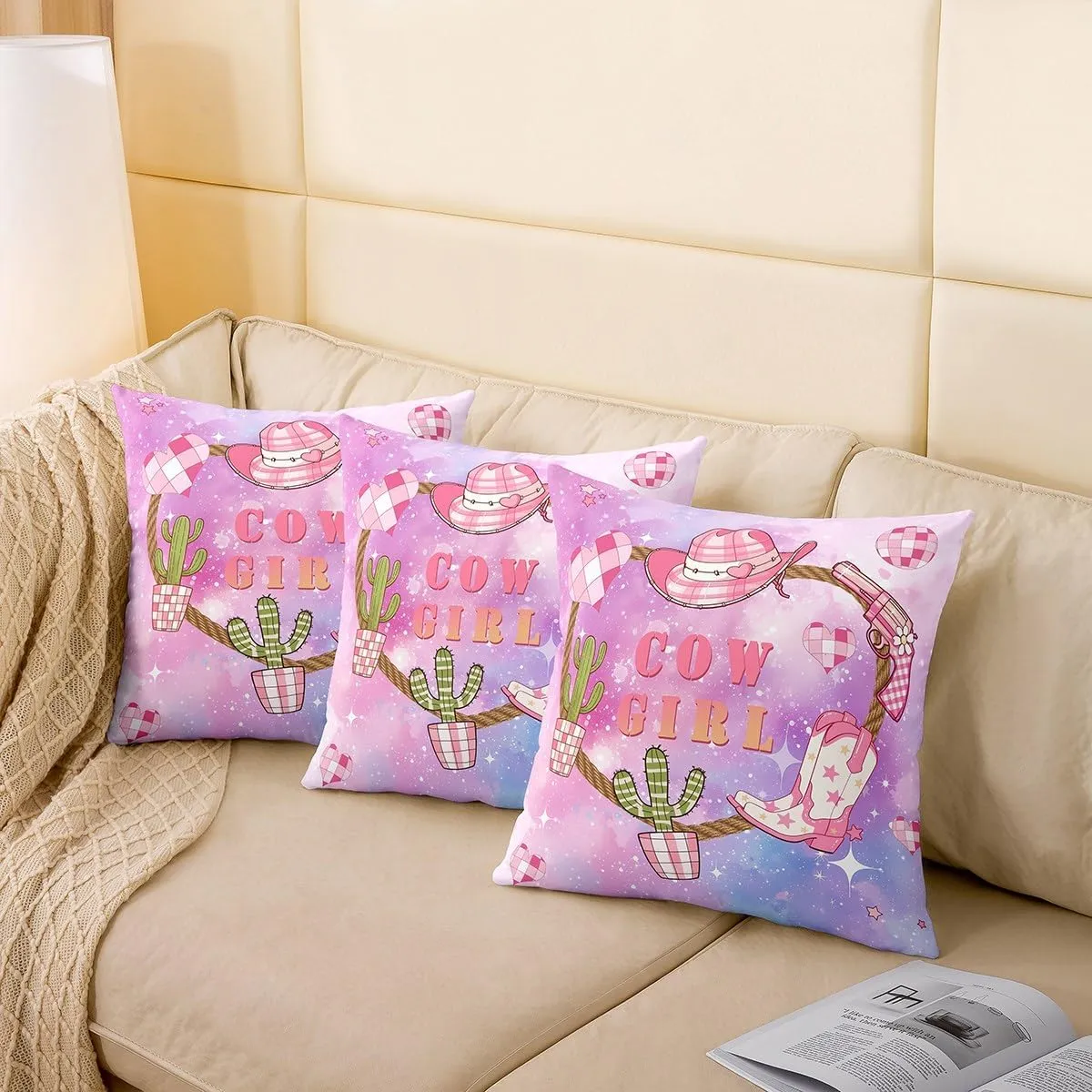 Pink Cowgirl Pillow Cover 20x20 Inch,Western Cowboy Hat Boots Print Cushion Cover for Office Living Room Purple Blue Starry Nebula Galaxy Pillow Case for Sofa Couch Reversible Print