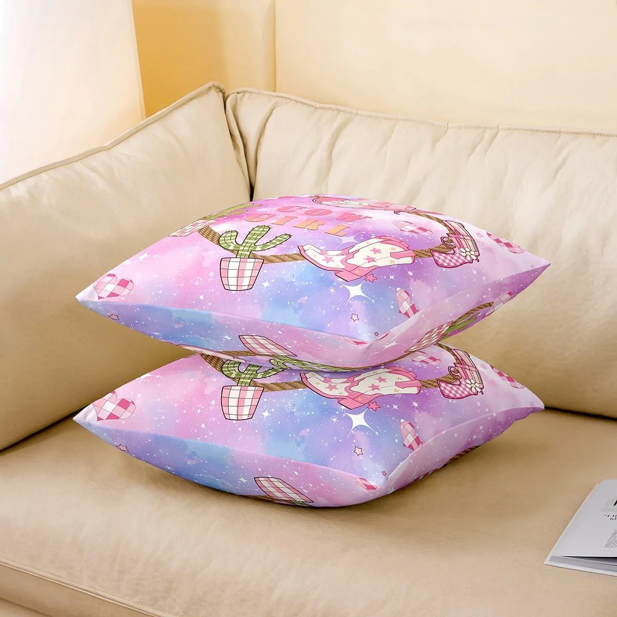Pink Cowgirl Pillow Cover 20x20 Inch,Western Cowboy Hat Boots Print Cushion Cover for Office Living Room Purple Blue Starry Nebula Galaxy Pillow Case for Sofa Couch Reversible Print