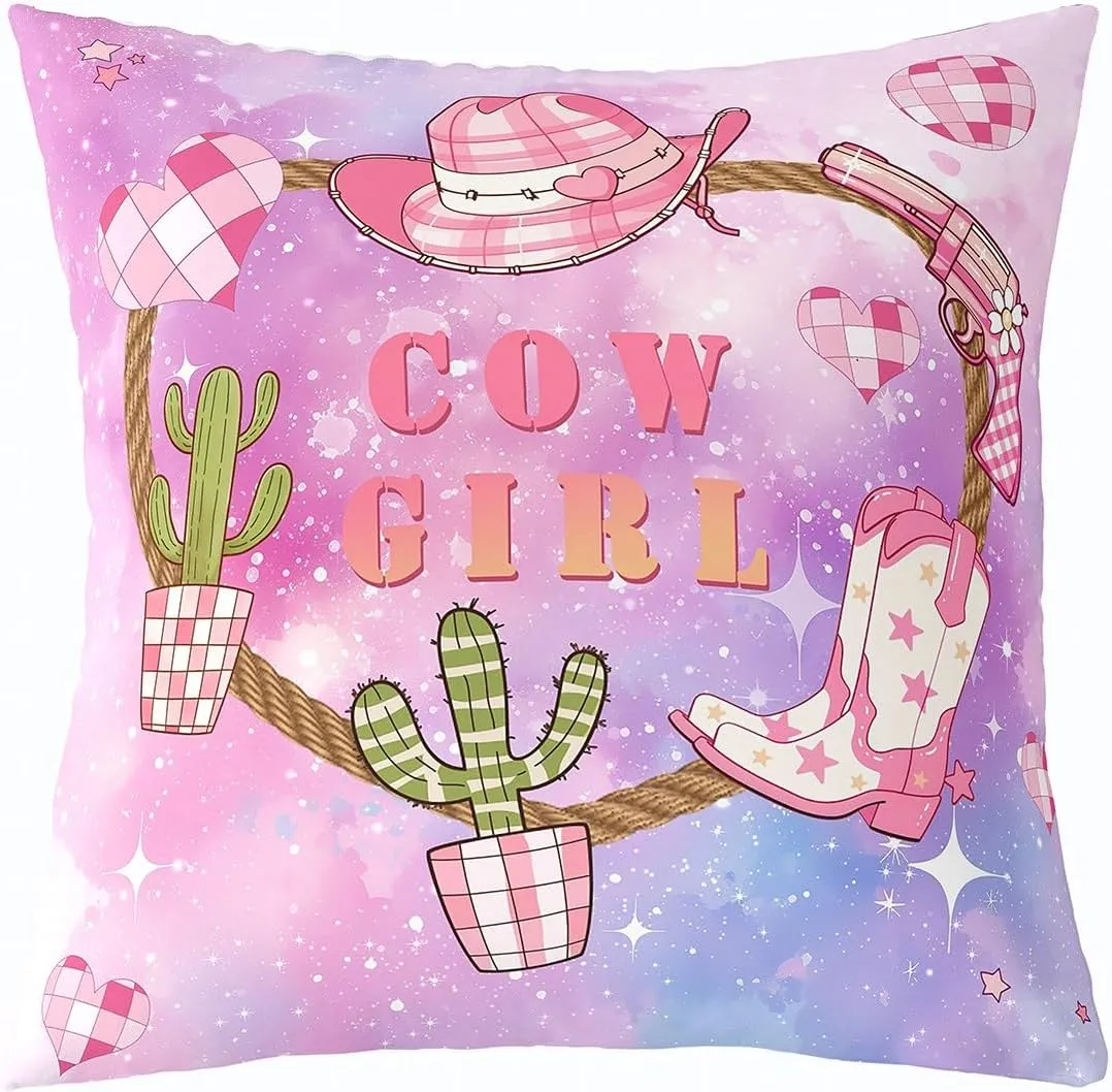 Pink Cowgirl Pillow Cover 20x20 Inch,Western Cowboy Hat Boots Print Cushion Cover for Office Living Room Purple Blue Starry Nebula Galaxy Pillow Case for Sofa Couch Reversible Print