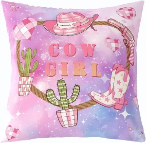 Pink Cowgirl Pillow Cover 20x20 Inch,Western Cowboy Hat Boots Print Cushion Cover for Office Living Room Purple Blue Starry Nebula Galaxy Pillow Case for Sofa Couch Reversible Print