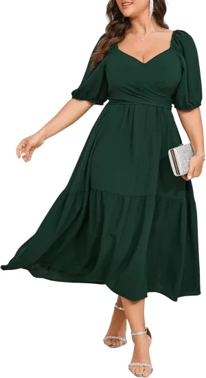 Plus Size Wedding Guest Dress Wrap V Neck Short Sleeve Elastic Waist Flowy A Line Cocktail Formal Maxi Dresses